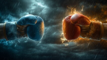 Intense, electrifying collision of two boxing gloves under a stormy sky, symbolizing fierce competition and strength.