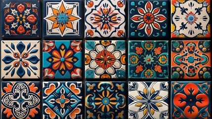 Intricately designed ceramic tiles showcase a harmonious blend of colors and traditional patterns, embodying cultural beauty.
