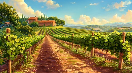 Obraz premium Serene Vineyard Landscape with Rolling Hills, Lush Green Grapevines, and a Tranquil Sky at Sunset