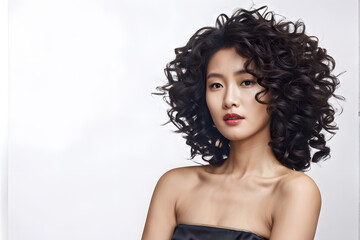 Naklejka premium A woman with curly hair is standing in front of a white background