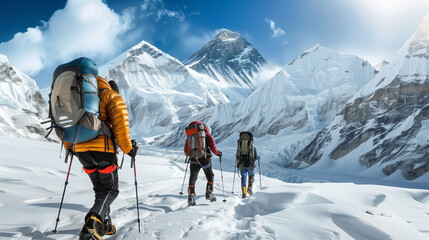three tourists, climbers, trekkers, path to Everest base camp © KotBaton