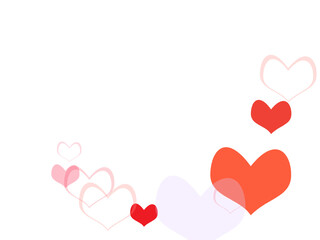 Red hearts confetti. Scatter cornered border on white valentine background.