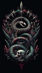 Dark academia poster. Snake Skeleton with Botanical Elements