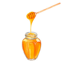 A glass jar with honey and a wooden stick along which honey flows. Watercolor illustration, isolated, on a white background