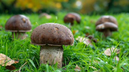Wild mushrooms mushrooms growing in grass. Gathering edible and inedible mushrooms.