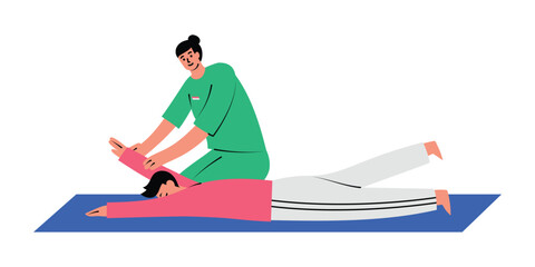 Physio therapist is helping his patient with exercise and rehabilitation. Physiotherapy treatment at the medical center. Hand drawn vector illustration in flat design, isolated on white background