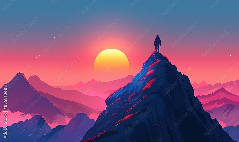 Wall mural one person climbing a mountain in the peak at sunset enjoying the views - Wall murals