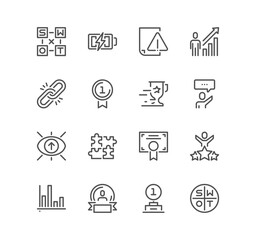 Set of swot analysis related icons, modern thinking, strength, comparsion chart, advantages, strategic business planning, business chain and linear variety vectors.

