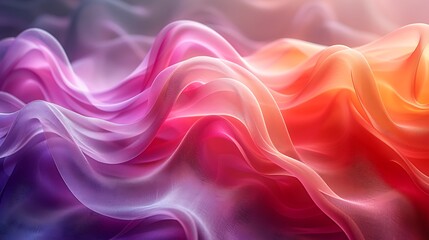 Fototapeta premium Wave patterns created by colorful silk ribbons in the wind. The ribbons flow gracefully, forming intricate wave-like shapes, with vibrant colors contrasting against a soft, blurred background.