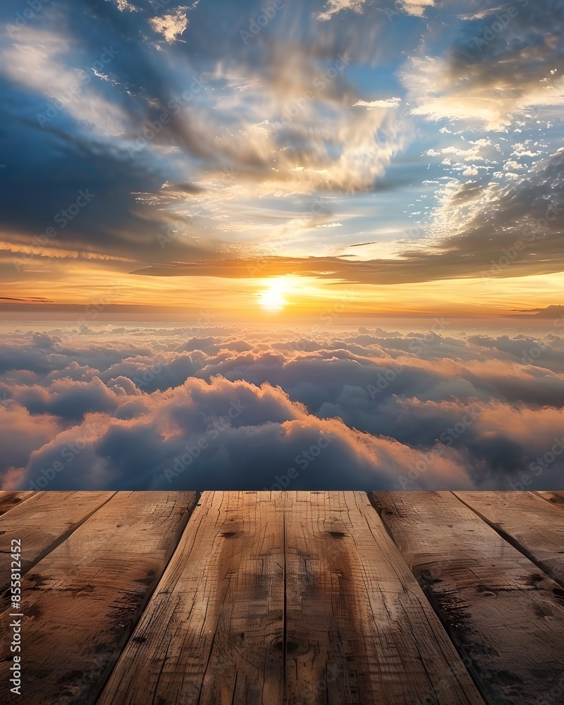 Poster wooden table top with view of sunset above the clouds. product display background