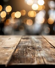 Rustic wooden table with warm bokeh lights in the background.