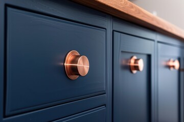 Front kitchen wooden frame cabinet door and drawers. Closeup Dark Blue Kitchen. Wooden cabinet door, brass door handles, furniture base set. Trendy interior units. Home improvement concept. Samples.