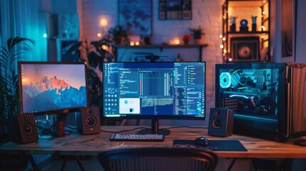 Fototapeta premium computer on table with two monitor and case in the bad room