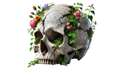 Human skull with signs of aging and damage,isolated on transparent or white background