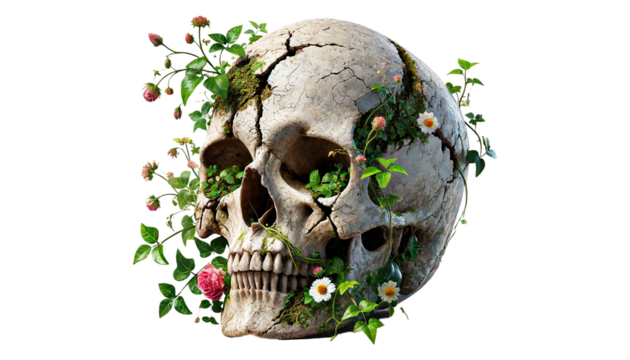 Human skull with signs of aging and damage,isolated on transparent or white background