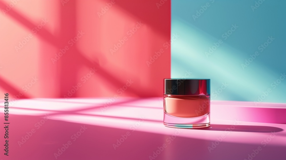 Sticker Glass Bottle on Pink, Red and Blue Background.