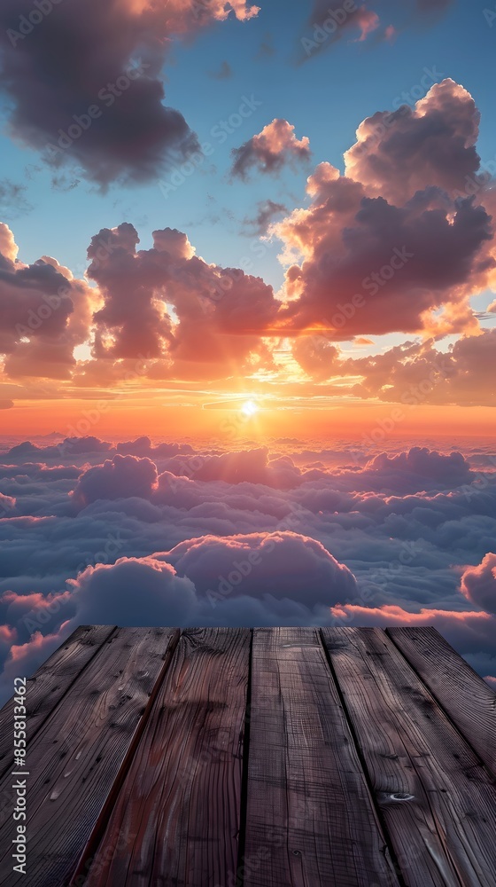 Poster wooden table top with view of sunset above the clouds. product display background