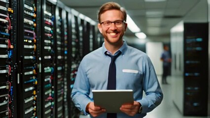 A man is standing in a server room, smiling at the camera. He is wearing a blue shirt and tie, and holding a tablet.