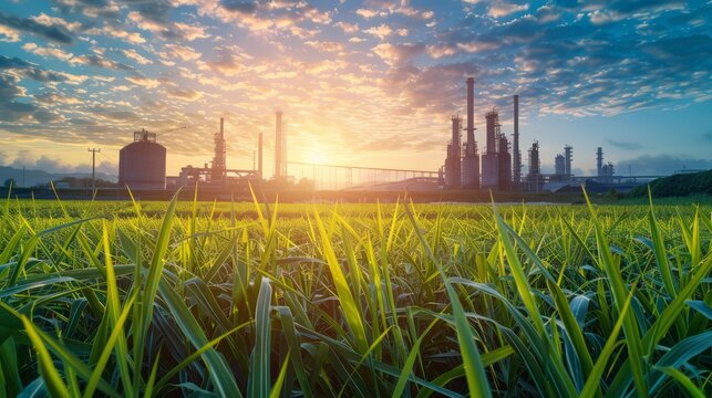 A state-of-the-art bioethanol production facility with advanced technology and eco-friendly practices, emphasizing sustainability, isolated on a white background with copy space