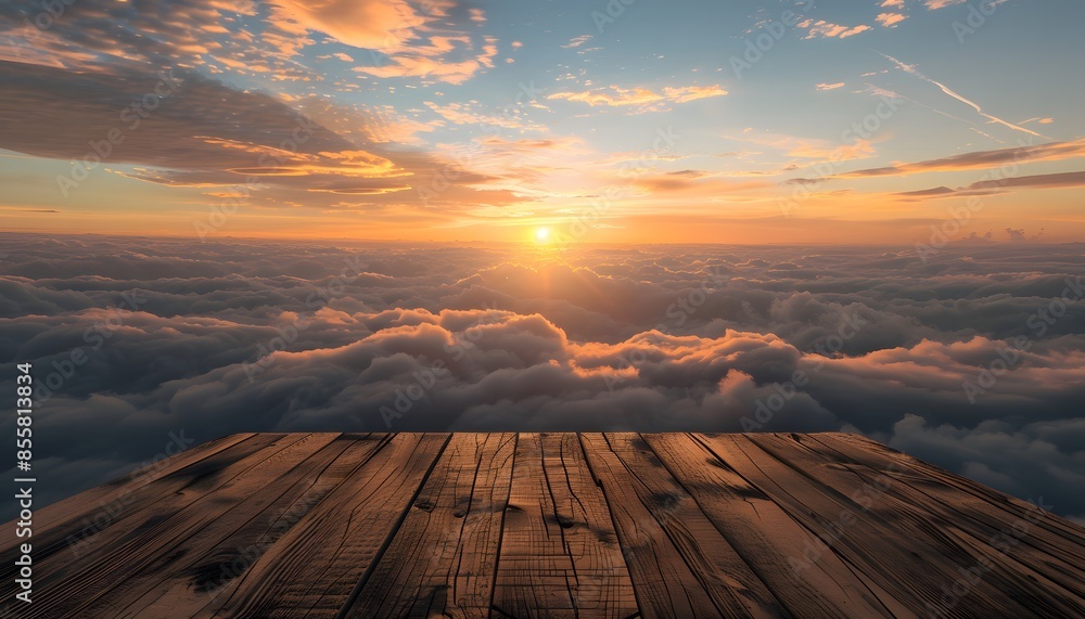 Poster wooden table top with view of sunset above the clouds. product display background