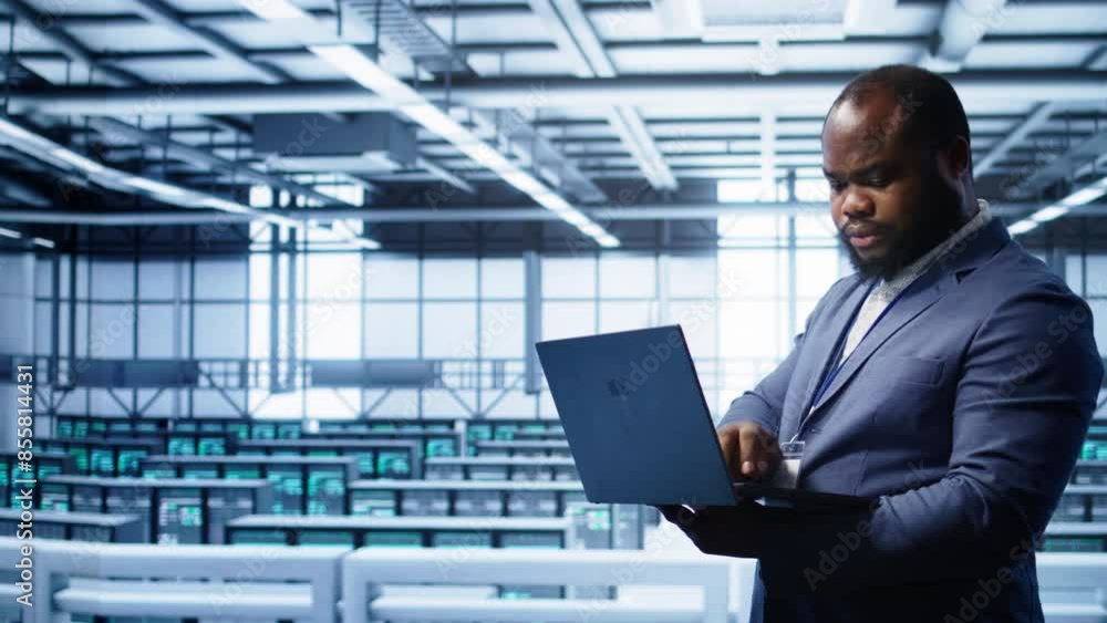 Poster african american it operator doing maintenance using laptop to prolong data center equipment life sp