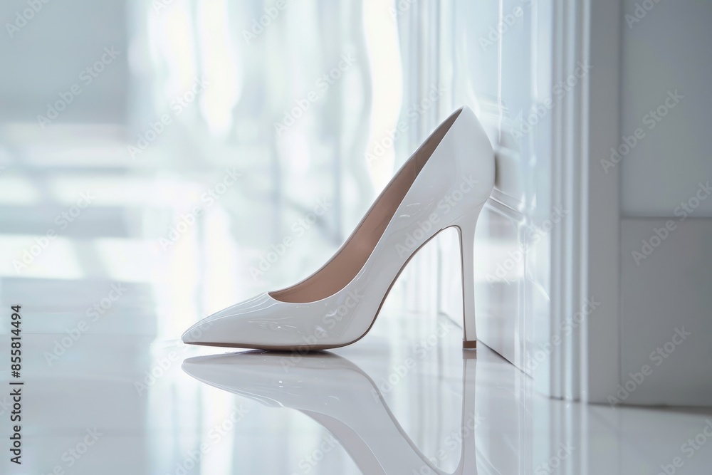 Poster elegant white high heel shoe displayed on floor to highlight design and style - using a simple yet s