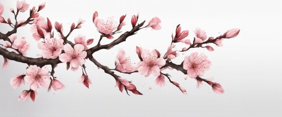 Delicate pink cherry blossom branch with flowers and buds watercolor concept art on white background, symbolizing spring and natural beauty.