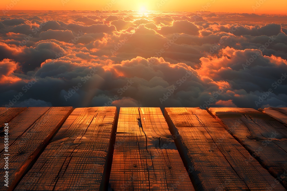 Poster wooden table top with view of sunset above the clouds. product display background