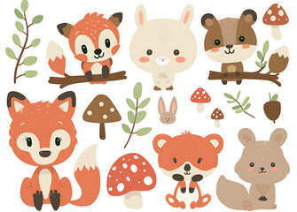 Fototapeta premium Vector Clip Art Set of Cute Woodland Animals - Foxes, Bears, Deer, Squirrel, Rabbit, Owl, and More with Forest Elements in Simple Cartoon Style