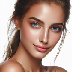 Fototapeta premium Beautiful young woman with clean fresh skin touching her face . Girl facial treatment . Cosmetology , beauty and spa . Female model, care concept