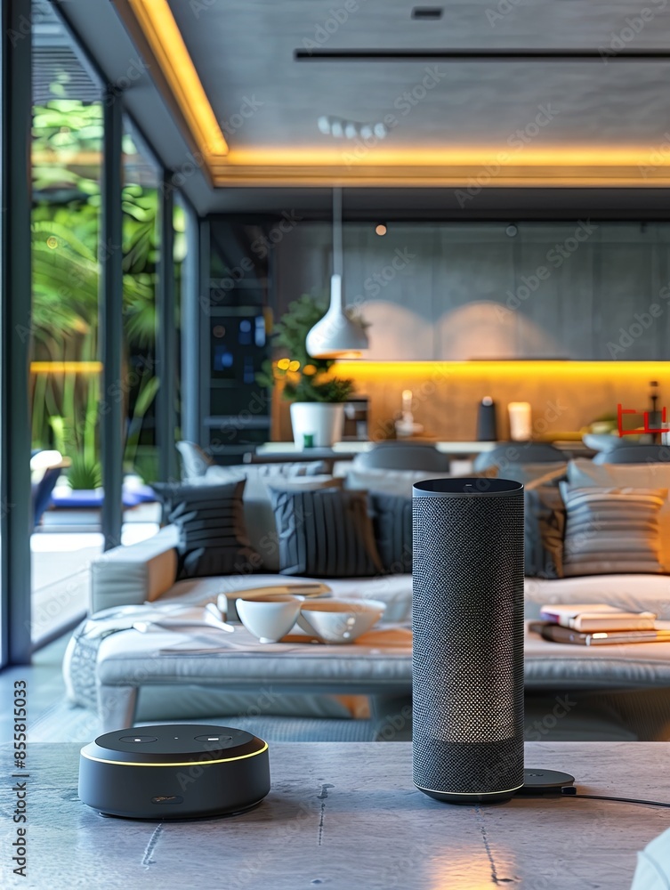 Aufkleber Modern living room with smart home devices like a voice assistant and automated lighting, blending technology and comfort seamlessly. Generative AI