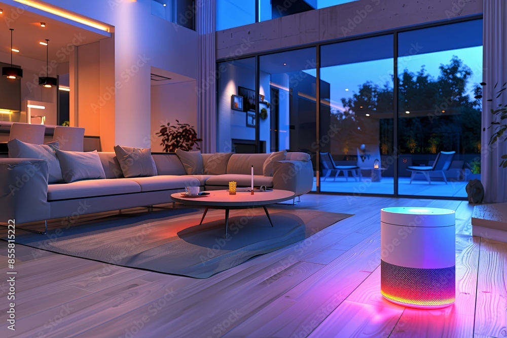 Aufkleber a sleek and contemporary smart home living room with ai-driven devices, automated lighting, and smar