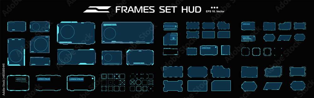 Poster Big set of blue frames for HUD user interface. Vector set of neon frames. Modern set with frames and windows for interactive correspondence. HUD interface elements blank templates with frames