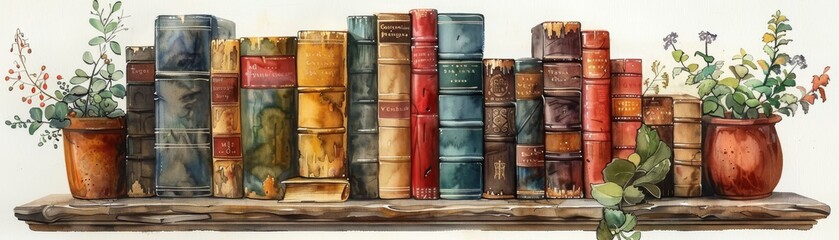 Vintage bookshelf with colorful old books and lush green plants in ceramic pots, creating a warm and inviting aesthetic, watercolor concept art