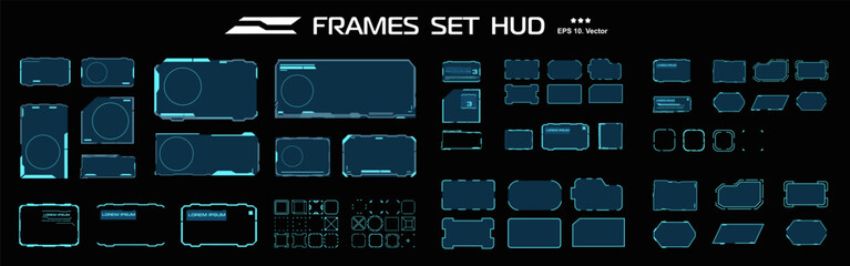 Big set of blue frames for HUD user interface. Vector set of neon frames. Modern set with frames and windows for interactive correspondence. HUD interface elements blank templates with frames