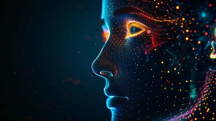 A side view of a humanoid head displays blue and yellow eyes amid a vibrant neon neural network, symbolizing futuristic technology and artificial intelligence advancements.