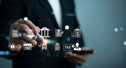 Businessman use smart phone complete Individual income tax return form online for tax payment....