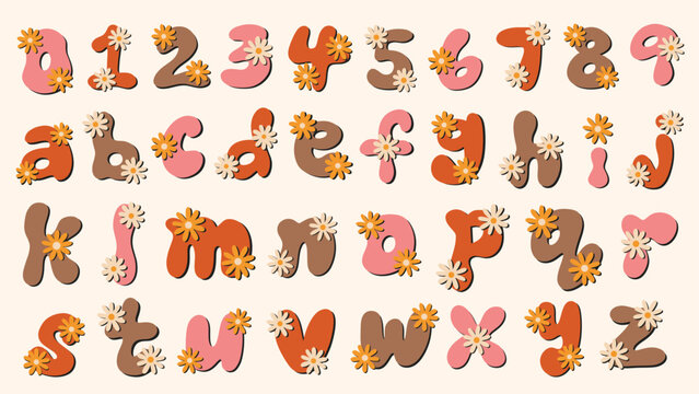 Groovy retro daisy alphabet letters and numbers set. Hand lettered spring and summer font. Hand drawn vector illustrations.