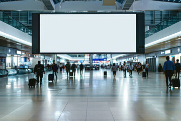 Travelers walking with luggage in an airport terminal with a blank billboard providing copy space for your message