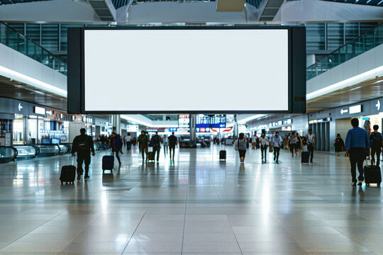 Travelers walking with luggage in an airport terminal with a blank billboard providing copy space for your message - Powered by Adobe