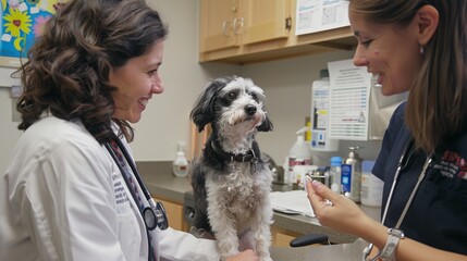 A veterinarian consulting with a pet owner in an examination room, discussing treatment options