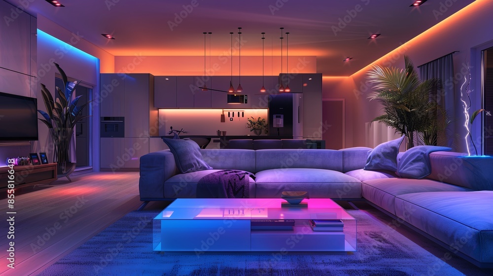Aufkleber A sleek and modern living room featuring automated lighting and a comfortable sectional sofa. Generative AI