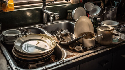 Dirty unwashed dishes with leftover food. Kitchen interior, sink. AI generated.