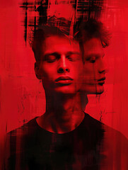 Surreal Portrait of a Man with Red Overlay and Mirror Effect