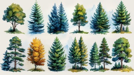 Fototapeta premium Collection of 12 illustrated trees varying in shape, color, and size, artistically drawn with vibrant detail against a white background.