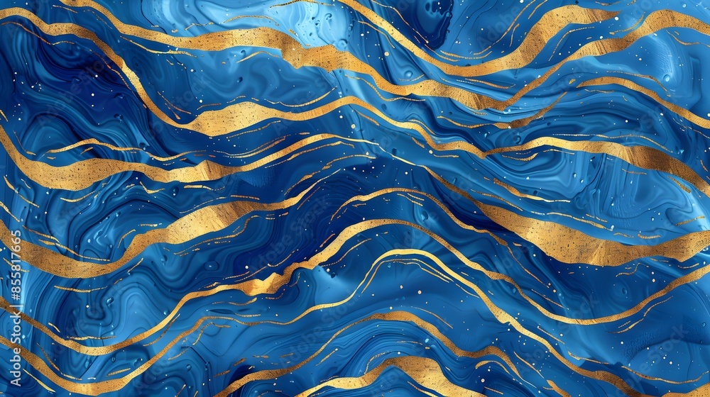 Poster an abstract background features a pattern of sea waves in blue and gold textures, mimicking the appe
