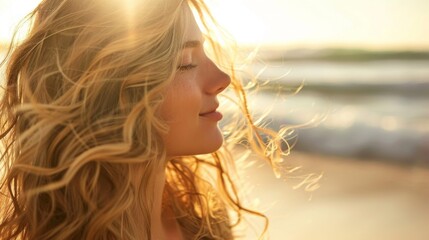 A woman with long wavy hair enjoying a sunny day at the beach, with natural sunlight highlighting her hair