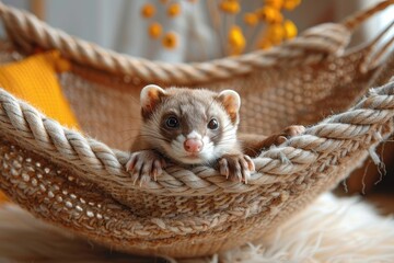 A playful ferret lounging in a small hammock, with its paws hanging over the edge. The background shows a cozy indoor setting 