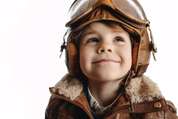 Happy child in aviator costume with goggles and fur-lined jacket looking upwards with a joyful expression