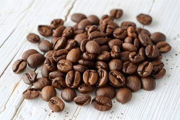 Fototapeta premium Roasted coffee beans on a white wooden background.